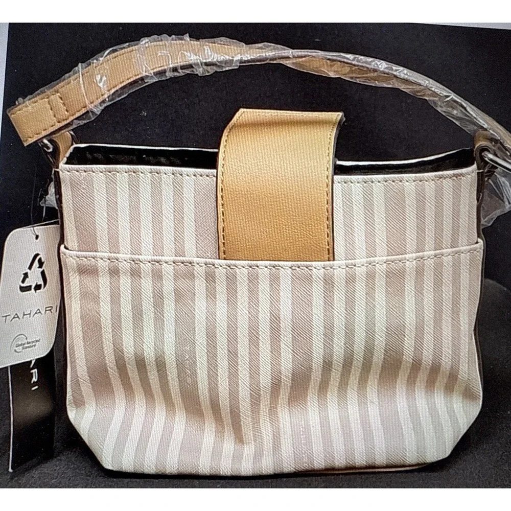 Tahari Tote Bag Women Sand/Gray Striped Bag Magnetic Snap Zip Vegan Leather  NWT